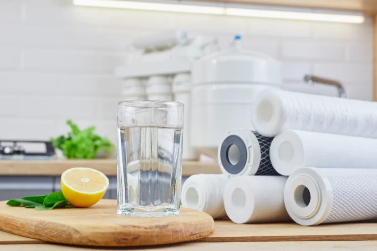 Reverse osmosis filters and membrane on counter with glass of water