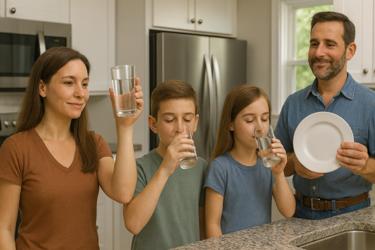 Family drinking filtered water from glasses