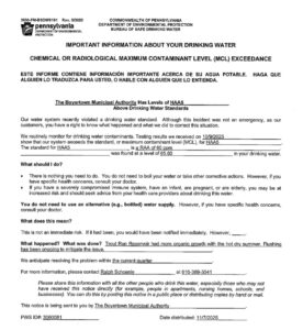 Official Boyertown Municipal Authority drinking water notice about HAA5 levels above drinking water standards, informing Boyertown, PA residents about mildew-like water odor concerns and water quality testing updates.