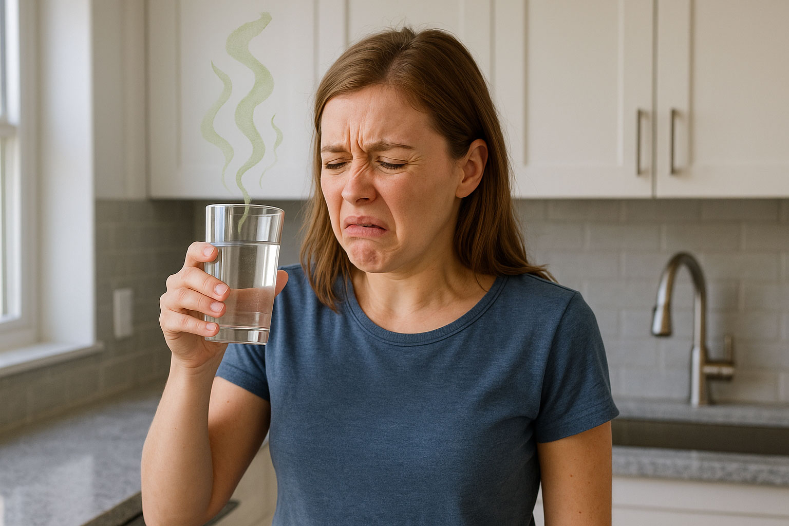 Young woman in her early 30s standing in a modern kitchen, holding a glass of water close to her face. Green wavy lines rise from the glass to show that it smells bad. She has light brown hair and is wearing a blue t-shirt. Her face shows strong disgust, as if the smell is making her gag.