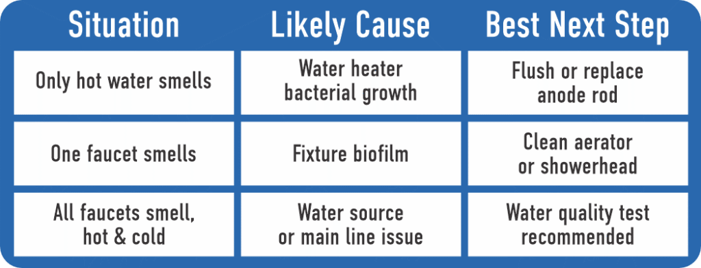 Table with three columns labeled Situation, Likely Cause, and Best Next Step. Row 1 reads: Only hot water smells — Likely cause: water heater bacterial growth — Best next step: flush or replace anode rod. Row 2 reads: One faucet smells — Likely cause: fixture biofilm — Best next step: clean aerator or showerhead. Row 3 reads: All faucets smell, hot and cold — Likely cause: water source or main line issue — Best next step: water quality test recommended.