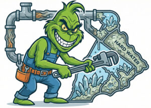 A cartoon illustration of a green Grinch character with a mischievous grin, wearing blue work overalls and using a pipe wrench to tamper with plumbing pipes. The background features a stylized map of Southeastern PA showing mineral buildup.