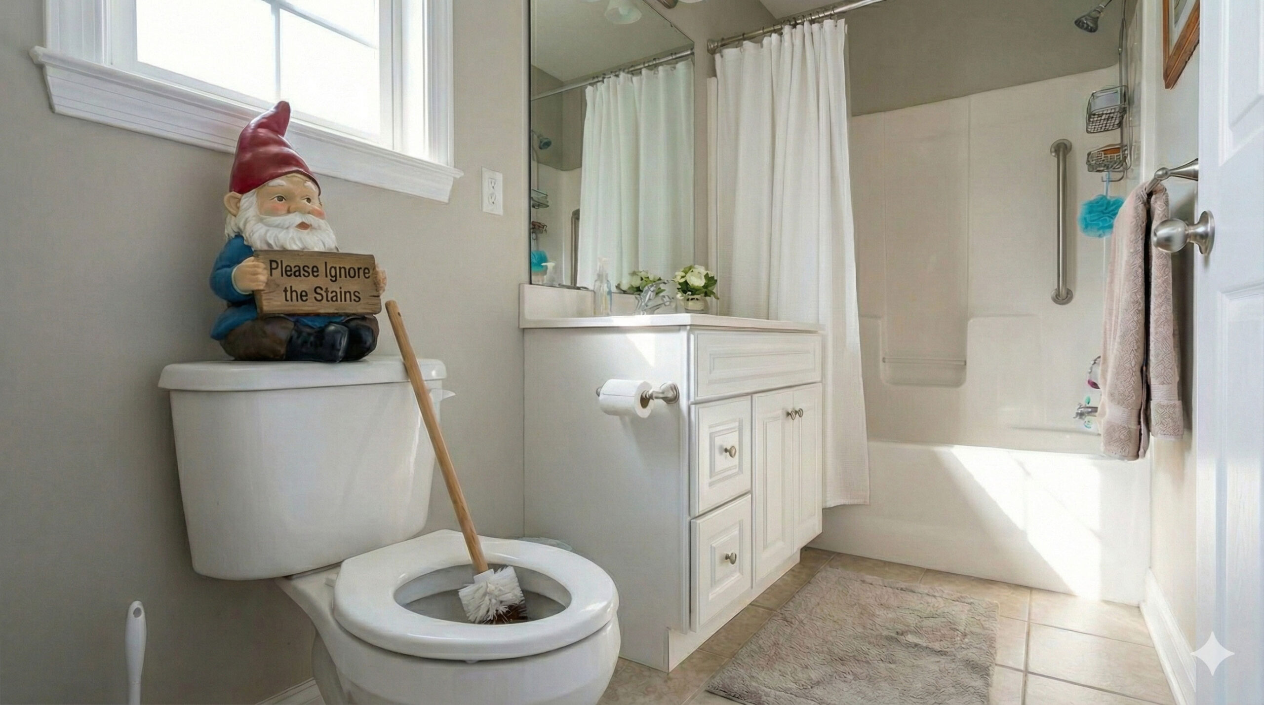 A humorous bathroom scene representing manganese water problems, featuring a garden gnome on the toilet tank holding a sign that says 'Please Ignore the Stains.' A scrub brush sits in the bowl, highlighting the difficulty of cleaning well water stains.