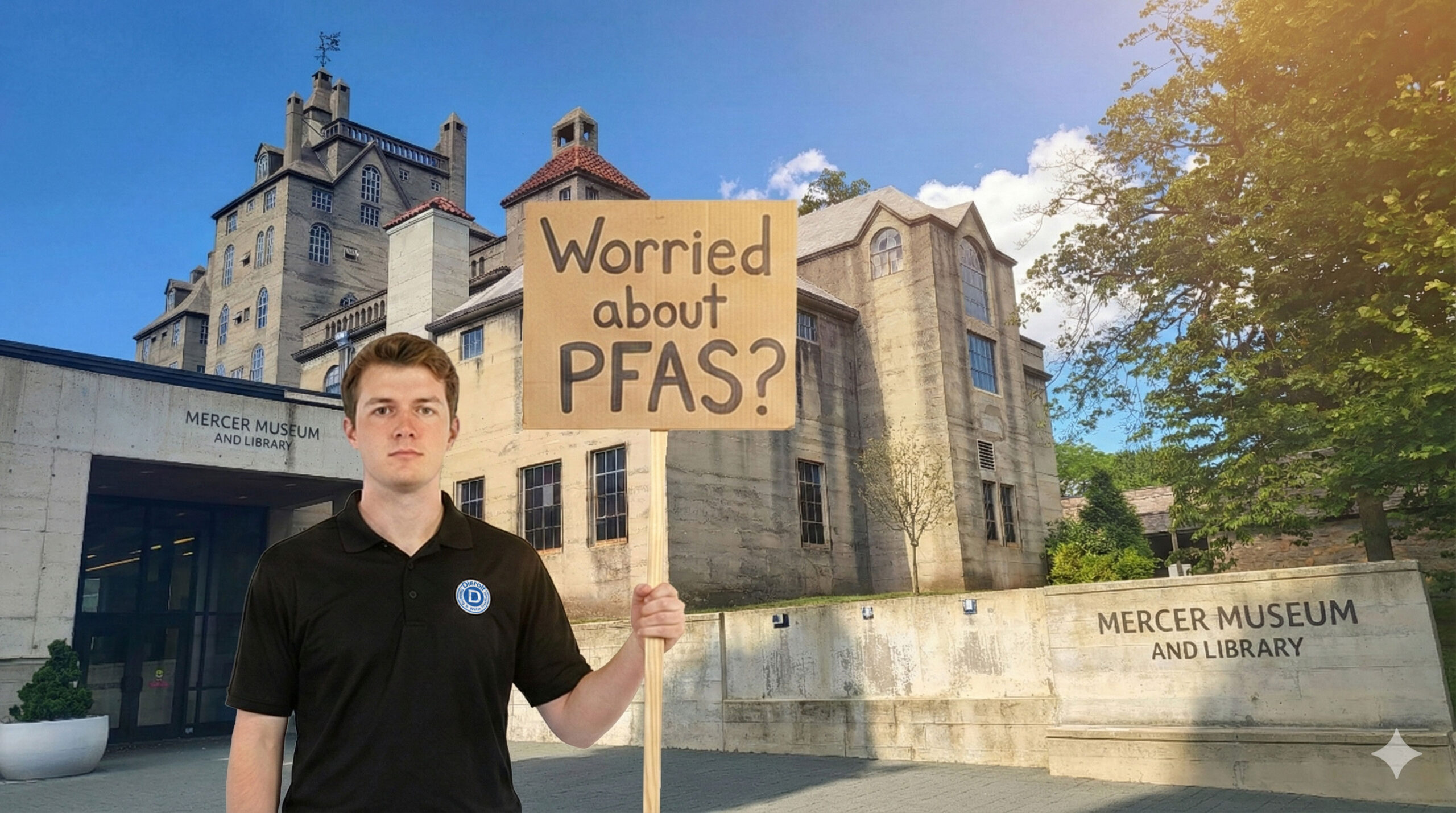 Noah Guy, a plumbing professional in a black polo shirt and navy work pants, stands in front of the Mercer Museum in Doylestown, PA, holding a sign that asks "Worried about PFAS?".