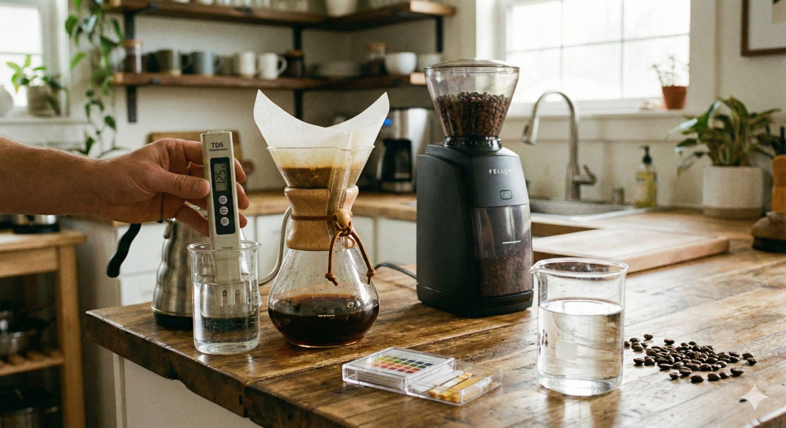 A high-end home coffee brewing station featuring a Chemex, gooseneck kettle, and grinder, with a digital TDS meter being used to test water quality in the foreground.