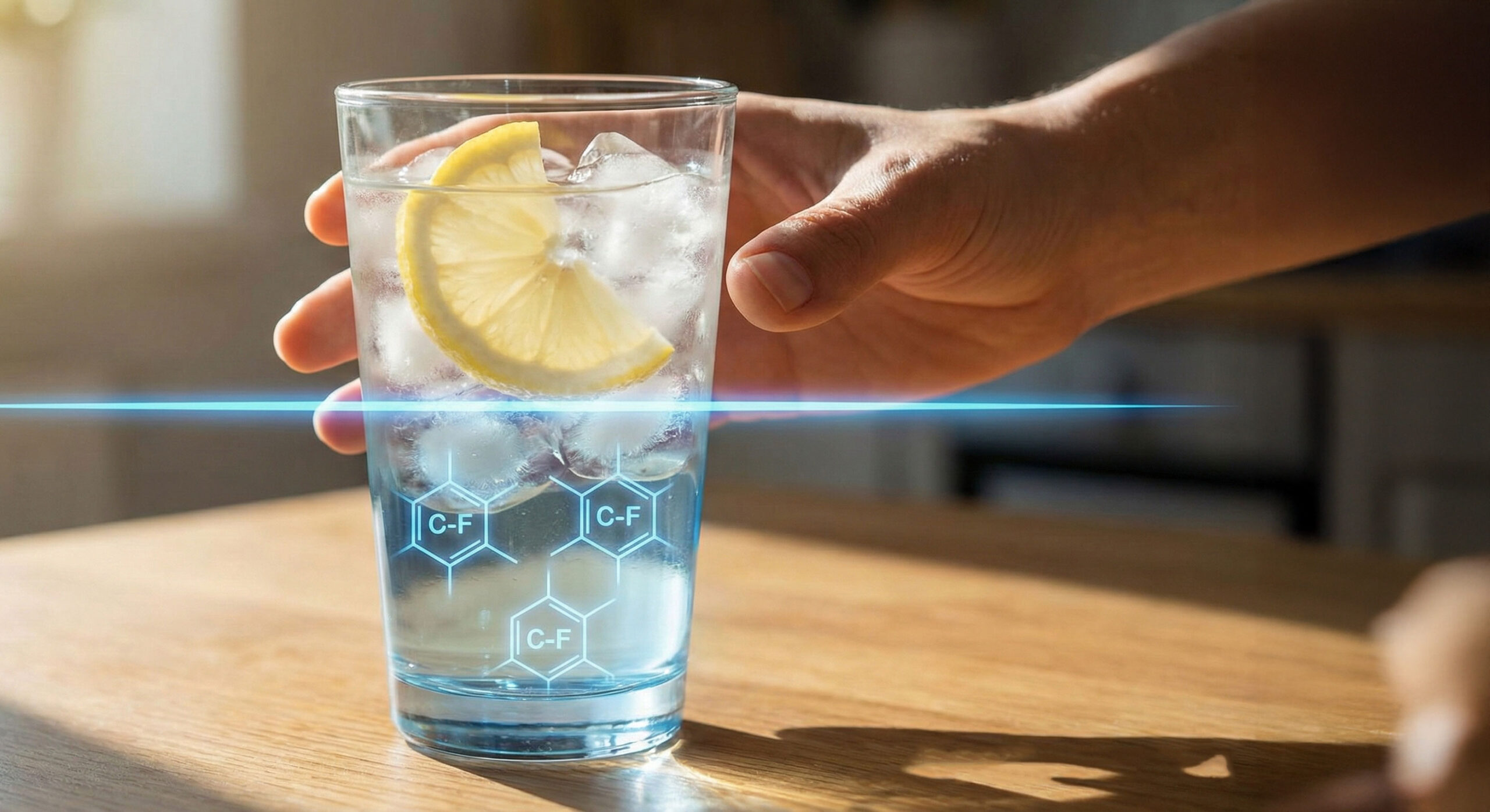 Conceptual illustration of invisible PFAS chemical structures floating inside a glass of clear drinking water.