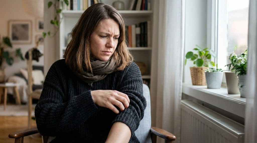 Woman in her 20's sits in a chair uncomfortable scratching an itch due to her hard water