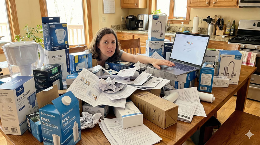A frustrated homeowner sitting at a kitchen table, buried under a pile of different water filter boxes and instruction manuals, looking overwhelmed by confusing PFAS marketing claims.