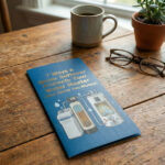 Pamphlet on a table that reads '7 Ways a Water Softener Protects Your Water Heater (And Saves You Money)' with images of a water softener and water heater on it