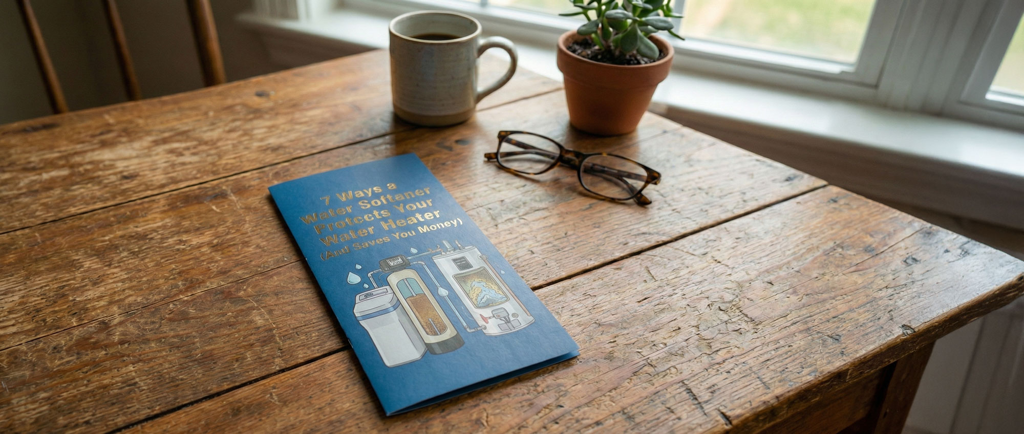 Blue guide book on a wooden table titled '7 Ways a Water Softener Protects Your Water Heater (And Saves You Money)' next to reading glasses and a coffee mug.