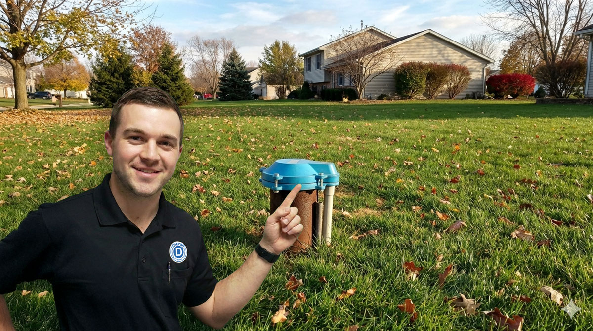 Dierolf Technician pointing to a Well Head in a yard