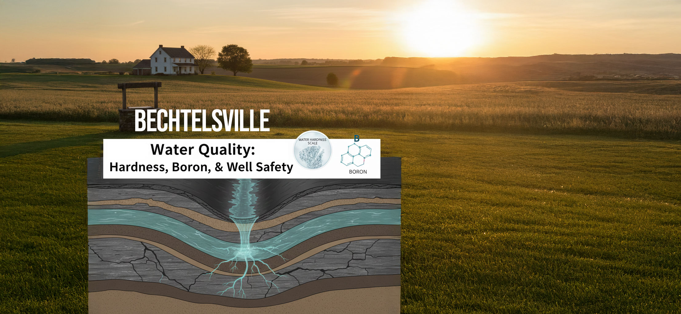 Bechtelsville farmland with cross section showing aquafer. Discussing Hardness, Boron and Well Safety