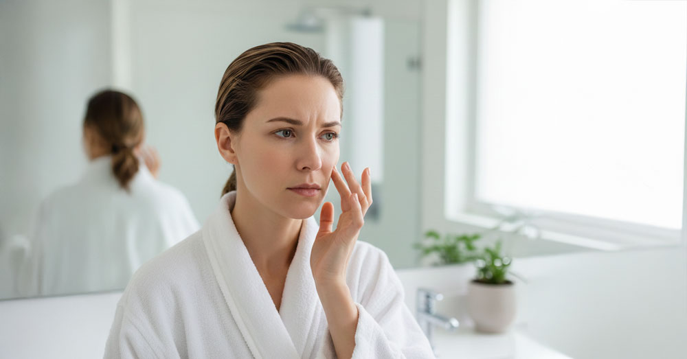Woman in bathroom is feeling the effects of the chlorine on her skin after a shower