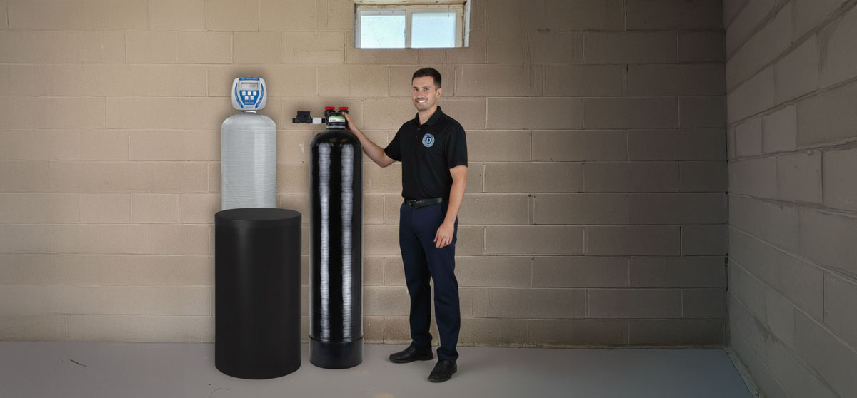 Dierolf Technician Standing in basement with the Home Shield PFAS PFOS remediation unit alongside a water softener