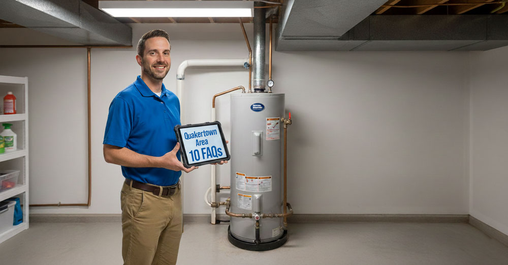 Dierolf Technician standing in front of a water heater holding a tablet with Quakertown Area 10 FAQs written on it