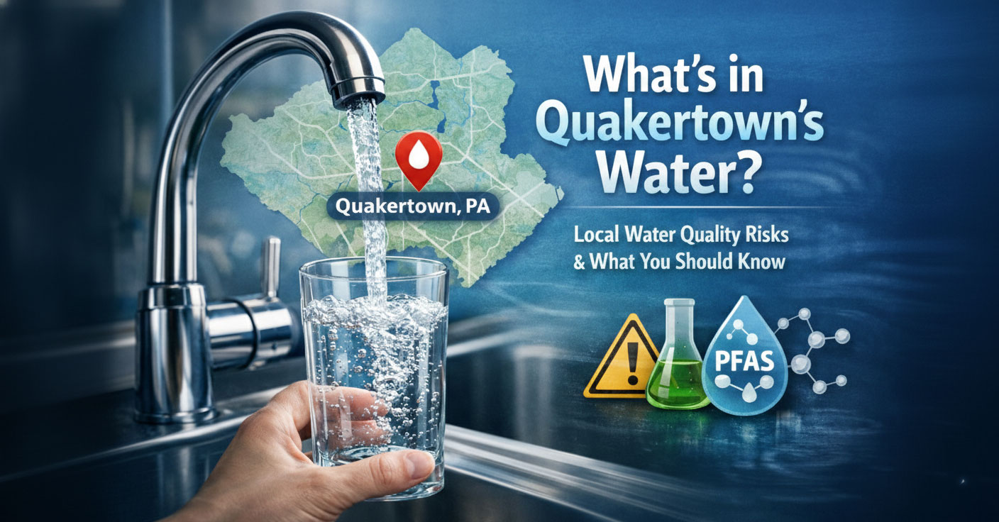 A hand holding a clear glass of water being filled from a kitchen faucet, overlaid with a map of Quakertown, PA and text asking 'What's in Quakertown's Water?' alongside icons for PFAS and chemical risks.
