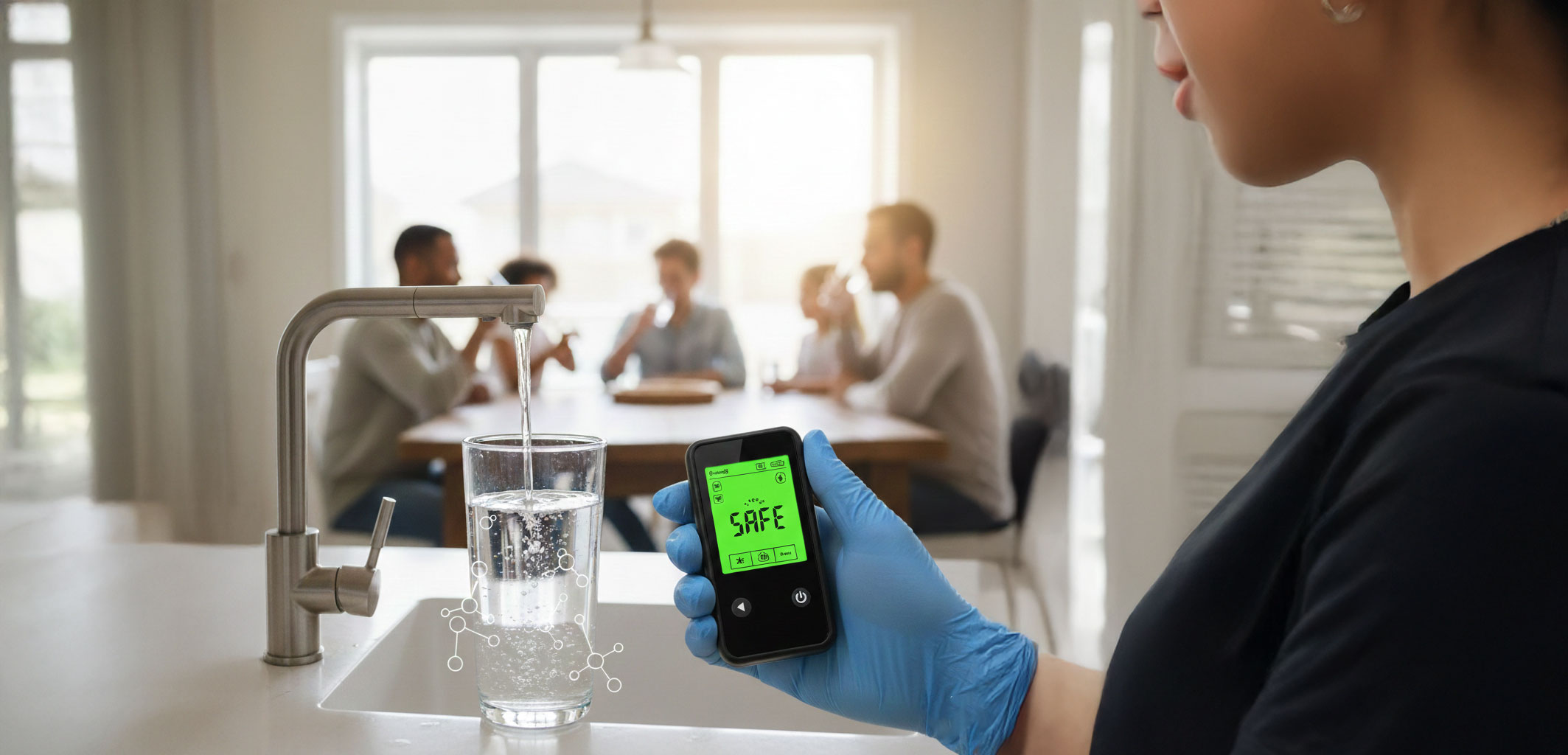Technician is verifying if well water is safe at the kitchen tap, friends are drinking water in the background