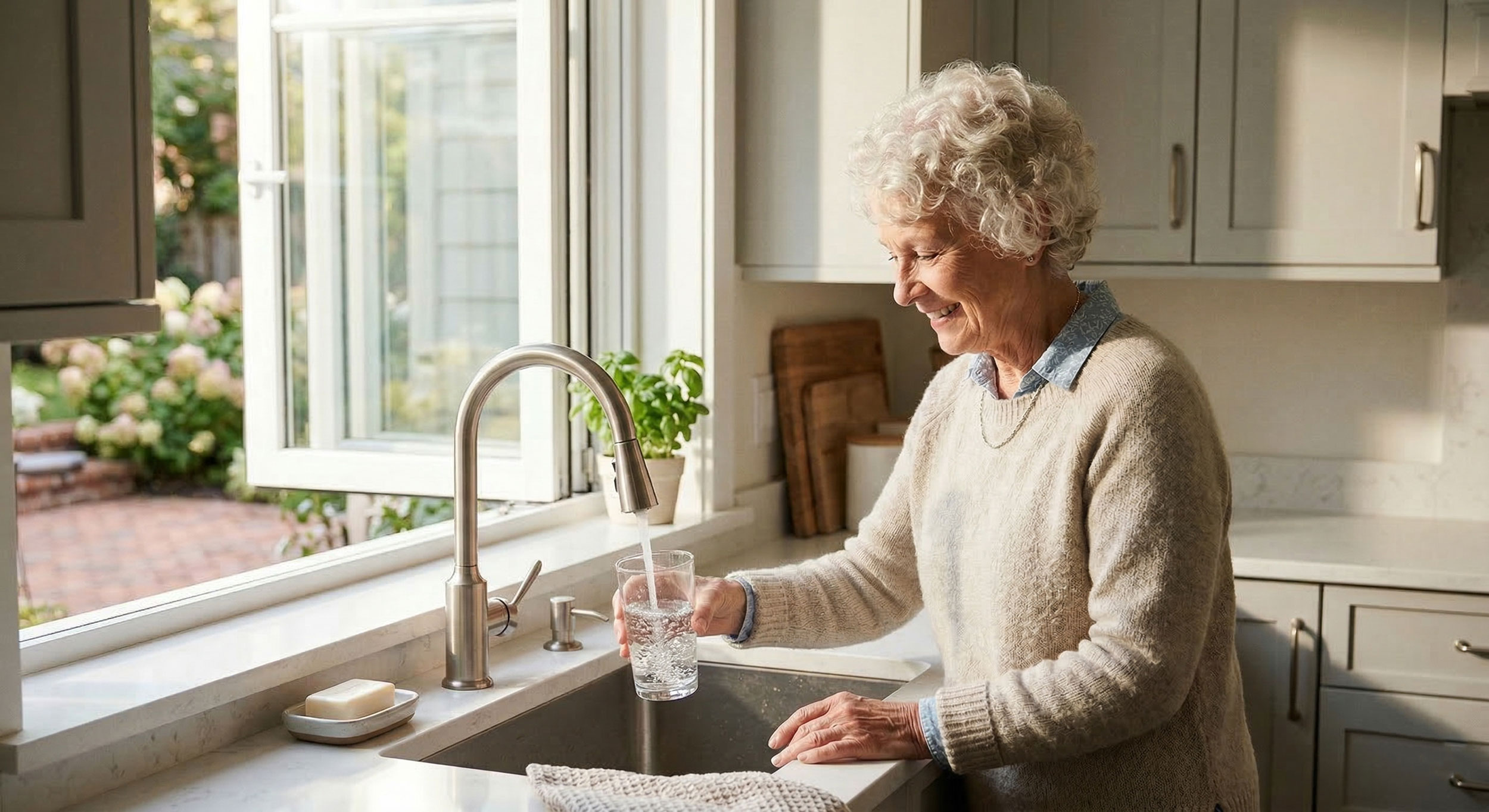 An older woman with curly white hair, wearing a beige knit sweater and a patterned blue button-down shirt, stands in a bright, modern kitchen. She is smiling and looking down while filling a clear glass with water from a curved, brushed-silver faucet at a stainless steel sink. The setting is warm with natural sunlight streaming in from a large, open casement window. In the foreground, a knitted dishcloth is on the countertop next to the woman's hand, which is resting near the sink basin. On the windowsill, there is a potted green basil plant. To the left of the sink, a bar of soap rests on a ceramic dish. Light gray shaker-style cabinets with simple hardware are visible on either side of the window, along with white quartz countertops. Through the open window, there is a clear view of a lush outdoor garden with blooming hydrangeas and a brick patio. The overall atmosphere is peaceful and homely.