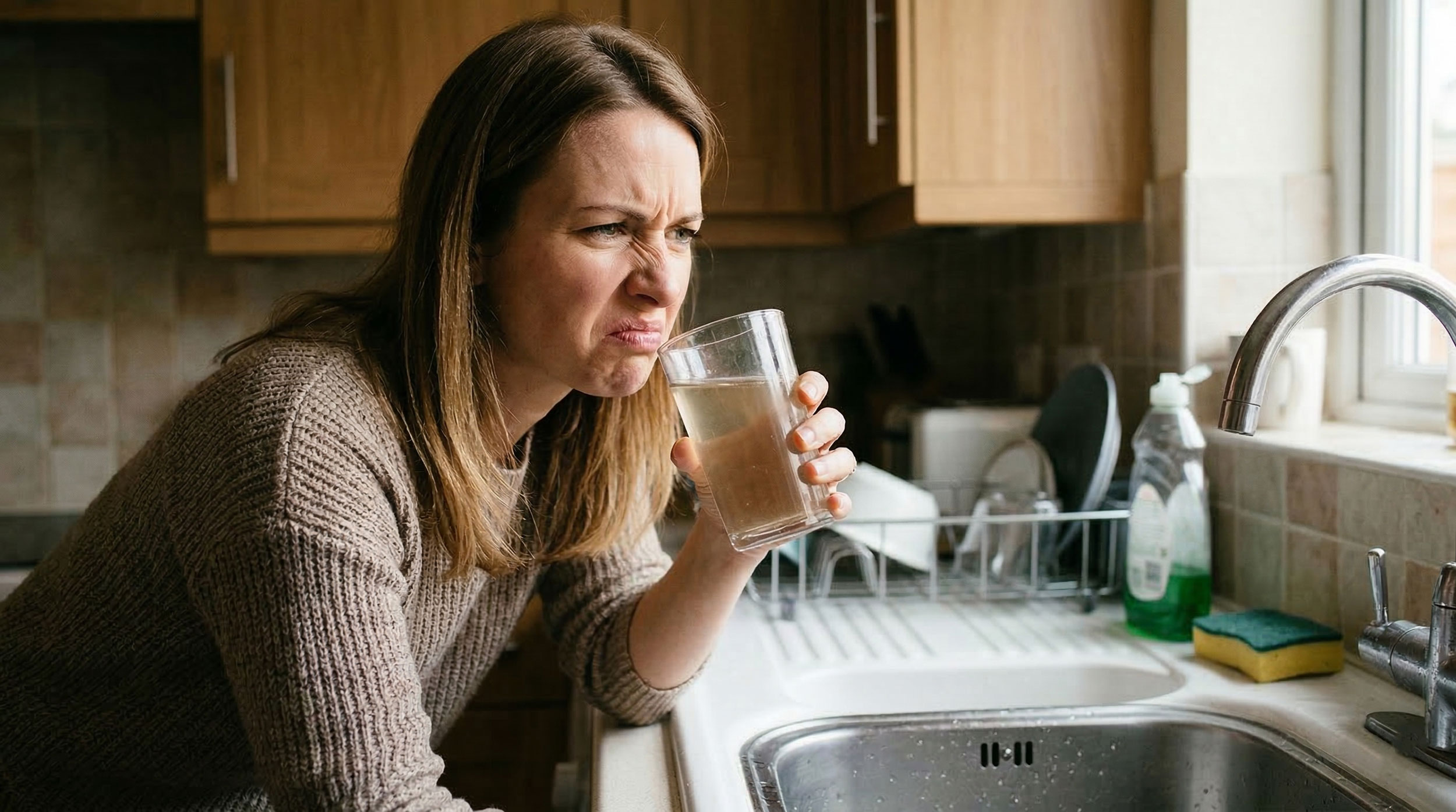 A woman with a look of pure disgust holding up a glass of cloudy brown water in a kitchen.