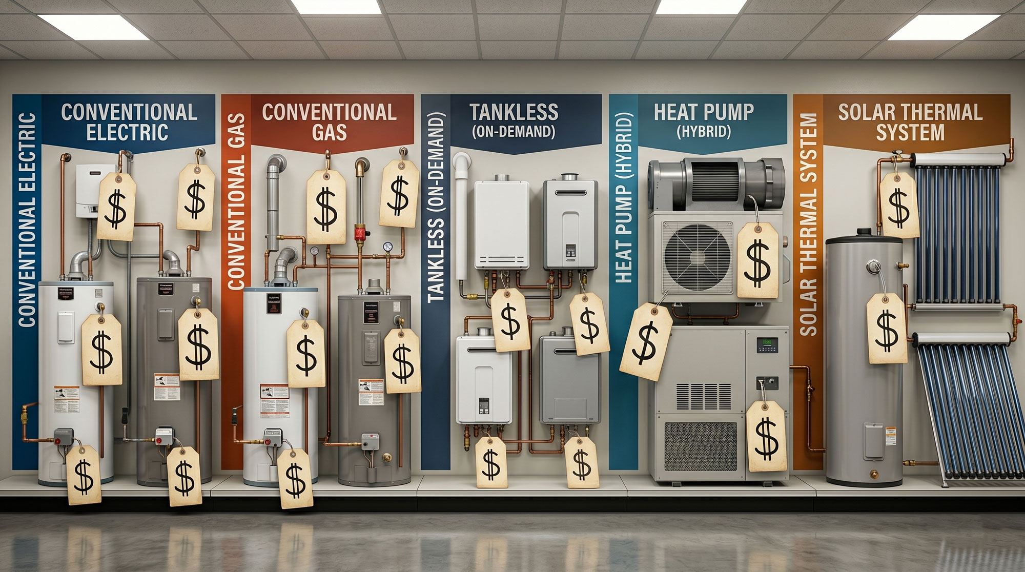 Wall of various water heaters with pricetags