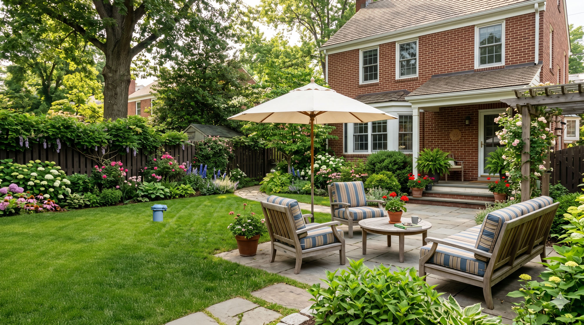 Traditional home backyard with well in yard