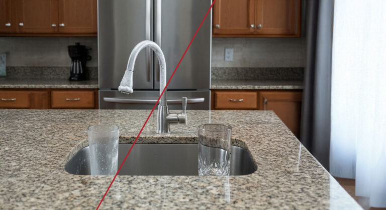 before and after of effects of hard water on a kitchen faucet