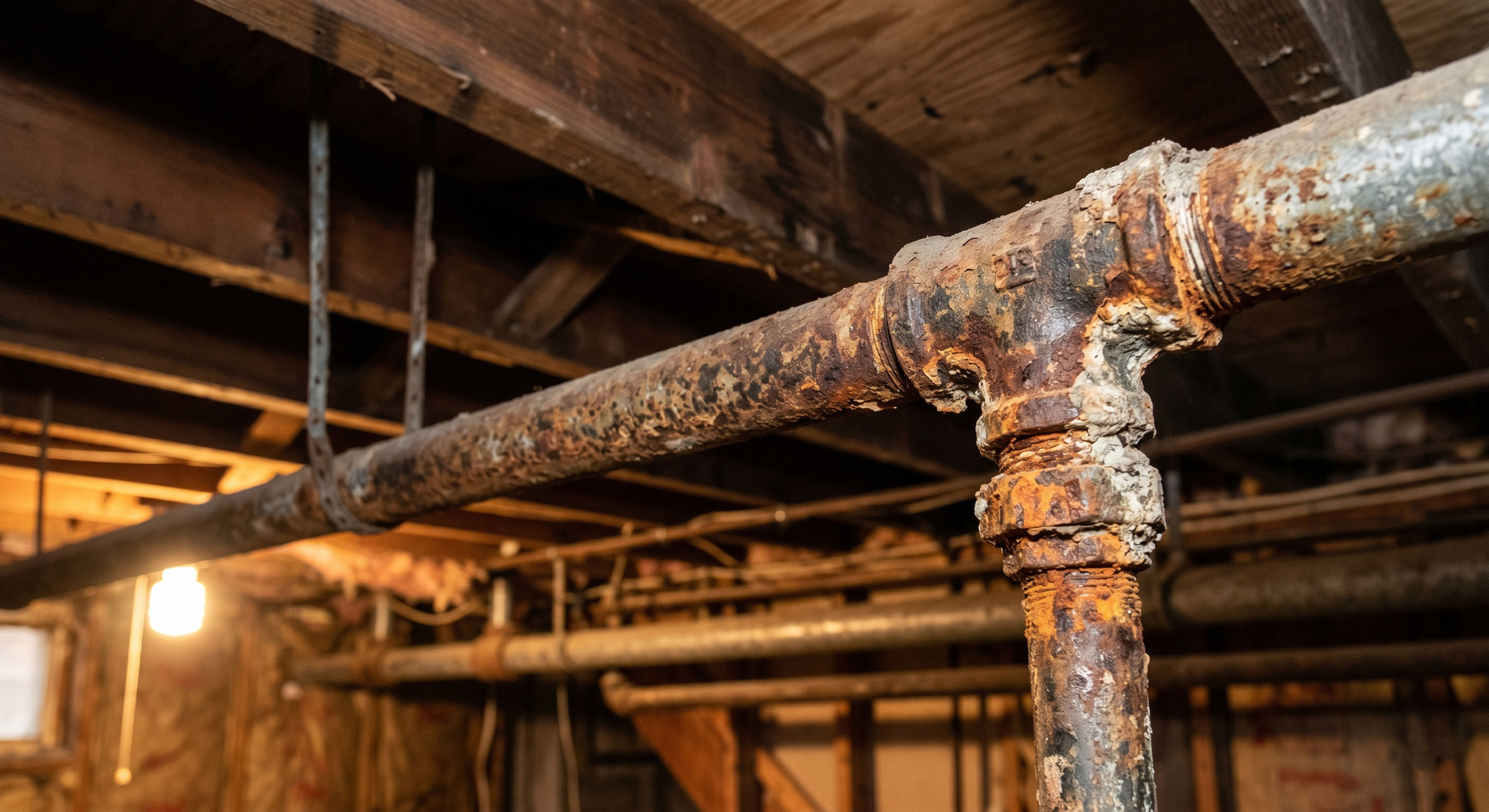 Close-up of corroded galvanized steel pipes in an older southeastern Pennsylvania home basement, showing rust and mineral buildup at the joints