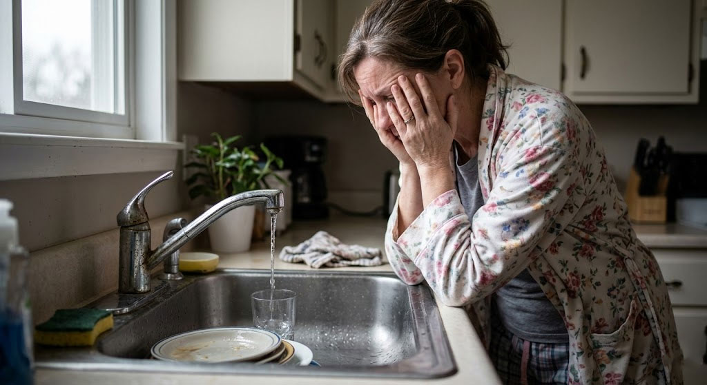 Frustrated woman in floral robe holding her face in despair at a kitchen sink with very low water pressure and a few dishes.