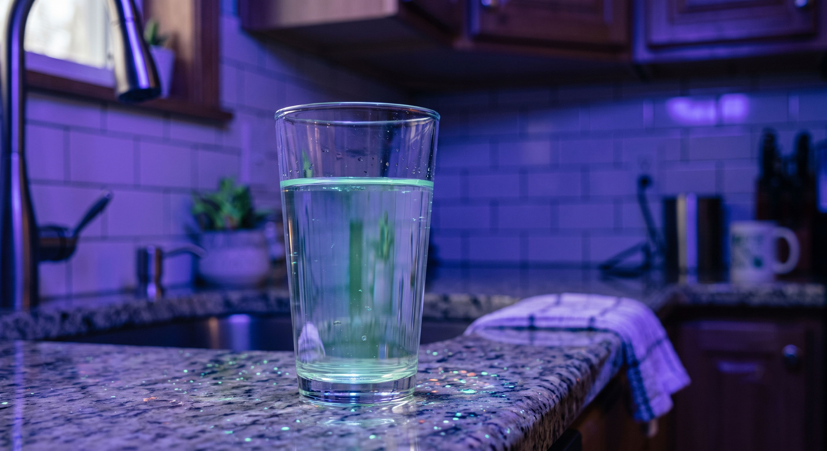 Modern kitchen with UV light filling the room and illuminating a glass of water on the counter