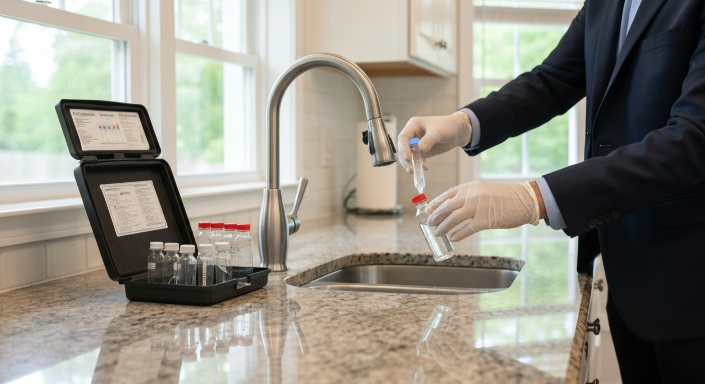 man in business suit testing water in kitchen